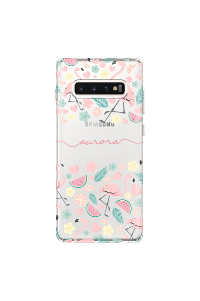 SAMSUNG - Galaxy S10 Plus - Soft Clear Case - Clear Flamingo Handwritten