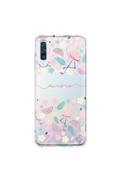 SAMSUNG - Galaxy A50 - Soft Clear Case - Clear Flamingo Handwritten