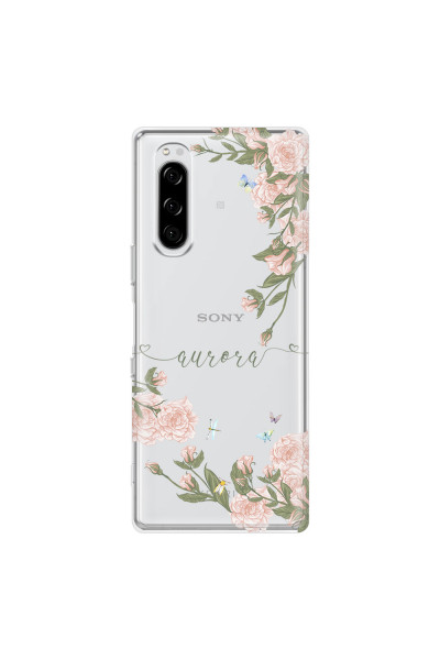 SONY - Sony Xperia 5 - Soft Clear Case - Pink Rose Garden with Monogram Green