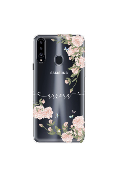 SAMSUNG - Galaxy A20S - Soft Clear Case - Pink Rose Garden with Monogram White