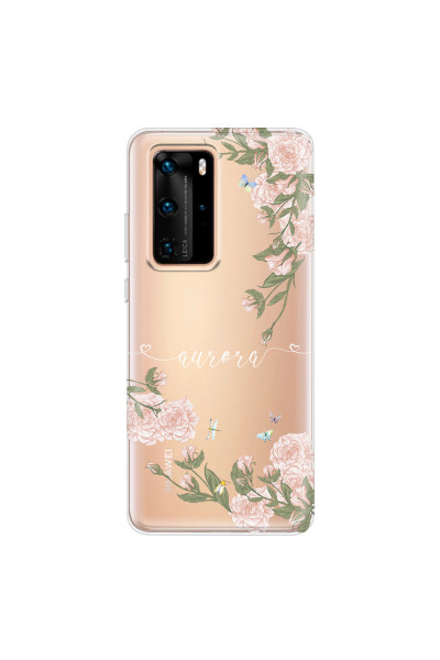 HUAWEI - P40 Pro - Soft Clear Case - Pink Rose Garden with Monogram White