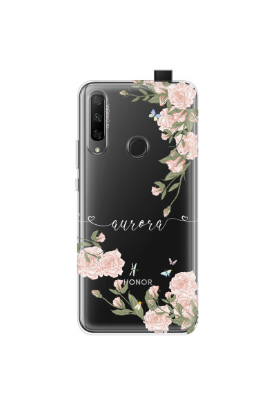 HONOR - Honor 9X - Soft Clear Case - Pink Rose Garden with Monogram White