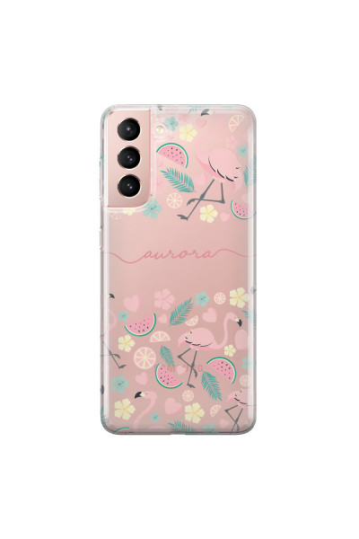 SAMSUNG - Galaxy S21 - Soft Clear Case - Clear Flamingo Handwritten