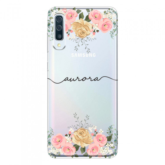 SAMSUNG - Galaxy A70 - Soft Clear Case - Dark Gold Floral Handwritten
