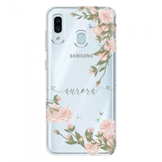 SAMSUNG - Galaxy A20 / A30 - Soft Clear Case - Pink Rose Garden with Monogram Green