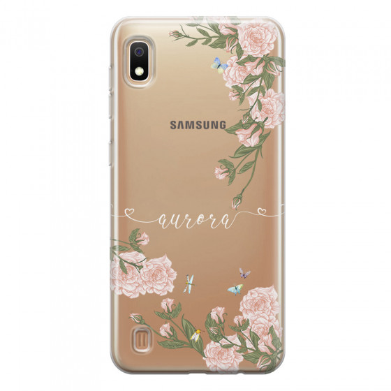 SAMSUNG - Galaxy A10 - Soft Clear Case - Pink Rose Garden with Monogram White