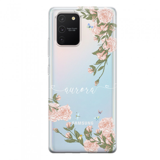 SAMSUNG - Galaxy S10 Lite - Soft Clear Case - Pink Rose Garden with Monogram White