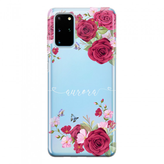 SAMSUNG - Galaxy S20 Plus - Soft Clear Case - Rose Garden with Monogram White