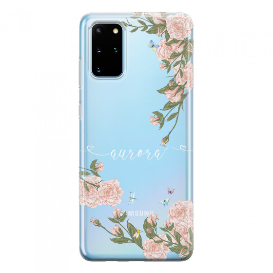 SAMSUNG - Galaxy S20 - Soft Clear Case - Pink Rose Garden with Monogram White