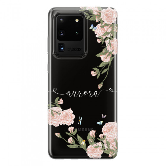 SAMSUNG - Galaxy S20 Ultra - Soft Clear Case - Pink Rose Garden with Monogram White