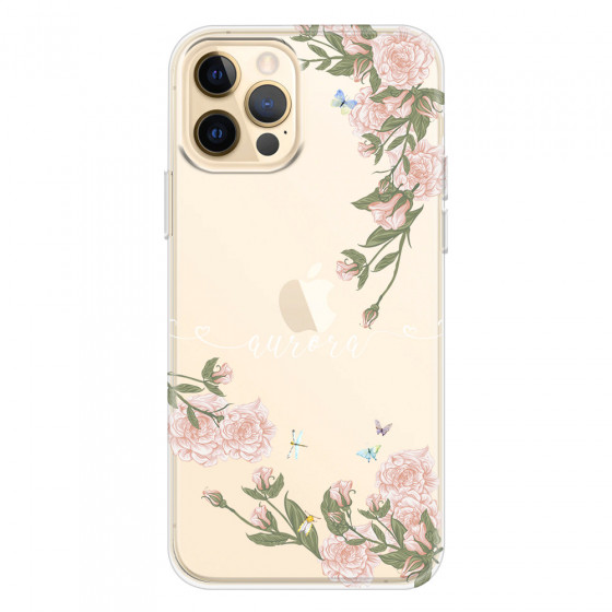 APPLE - iPhone 12 Pro - Soft Clear Case - Pink Rose Garden with Monogram White