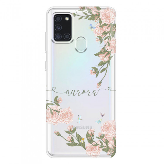 SAMSUNG - Galaxy A21S - Soft Clear Case - Pink Rose Garden with Monogram Green