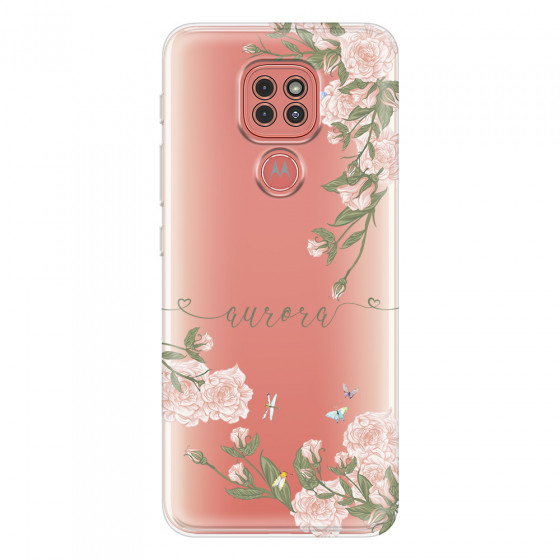 MOTOROLA by LENOVO - Moto G9 Play - Soft Clear Case - Pink Rose Garden with Monogram Green