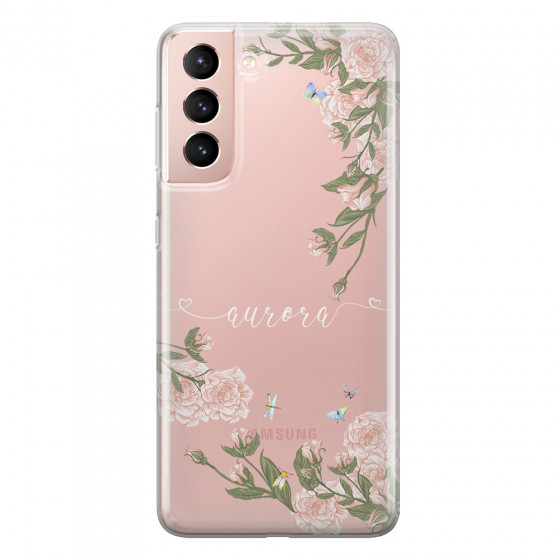 SAMSUNG - Galaxy S21 - Soft Clear Case - Pink Rose Garden with Monogram White