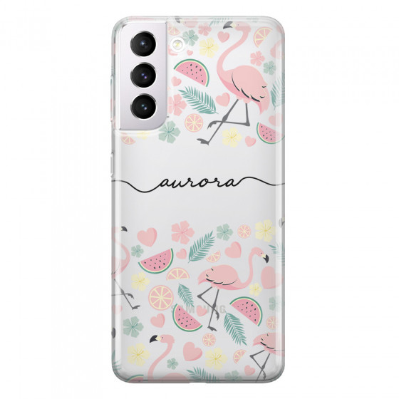 SAMSUNG - Galaxy S21 Plus - Soft Clear Case - Clear Flamingo Handwritten Dark