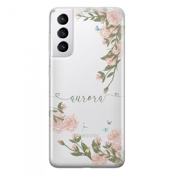 SAMSUNG - Galaxy S21 Plus - Soft Clear Case - Pink Rose Garden with Monogram Green