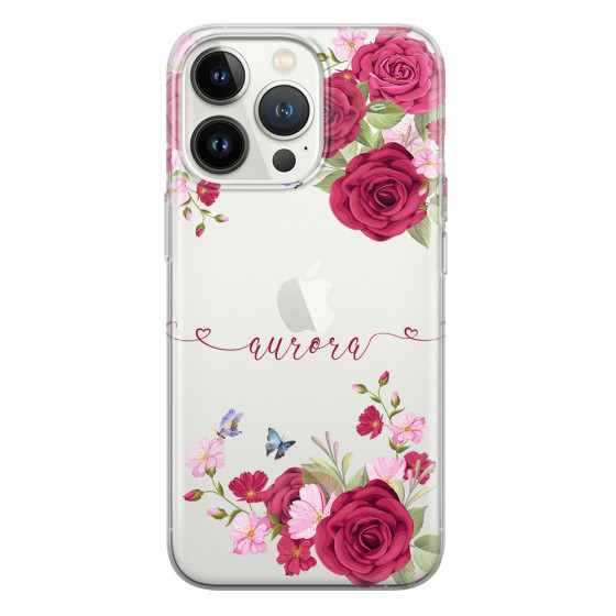 APPLE - iPhone 13 Pro Max - Soft Clear Case - Rose Garden with Monogram Red
